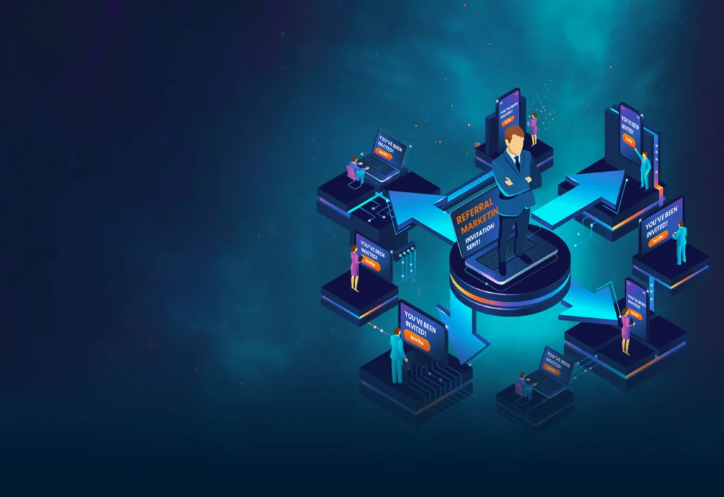 Visual of referral marketing flow showing users invited through an automated platform, expanding network and driving growth with Boostrz.